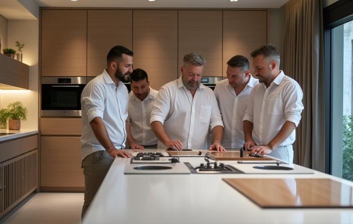The Cucina Bella team inside their Milan showroom discussing a kitchen model