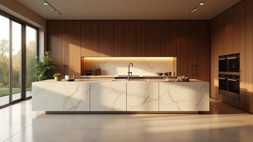 Modern Italian kitchen by Cucina Bella with marble island, wooden cabinetry, and integrated appliances