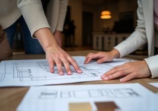 Consultation with kitchen designer reviewing plans and materials